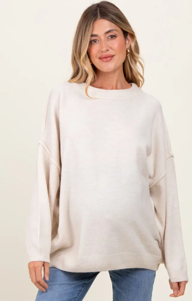 Cream Oversized Crewneck Melange Knit Maternity Sweater