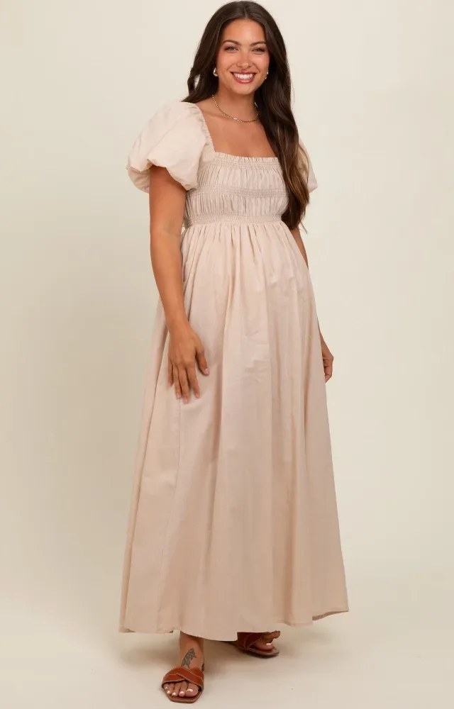 Cream Puff Sleeve Smocked Maternity Maxi Dress