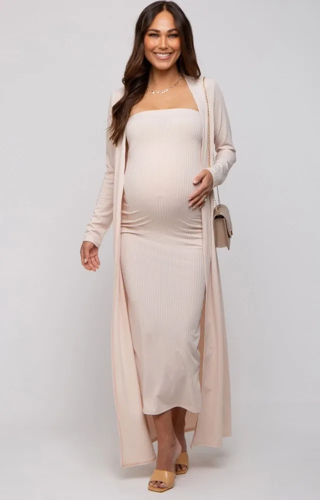 Cream Ribbed Sleeveless Dress Cardigan Maternity Set