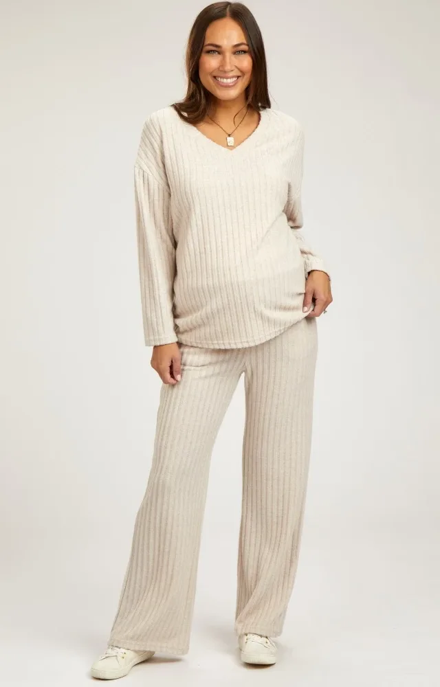 Cream Ribbed Soft Knit Long Sleeve Maternity Pajama Set