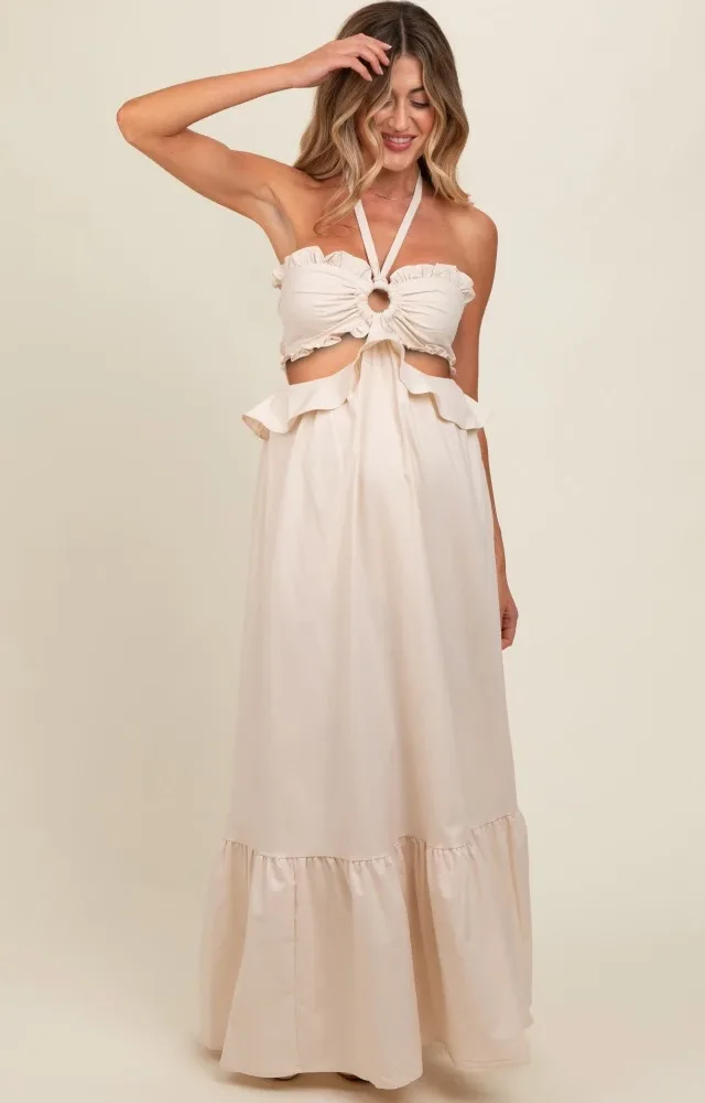 Cream Ruffle Top Cutout Linen Halter Maternity Maxi Dress