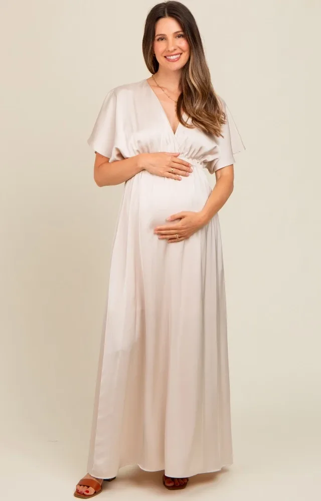 Cream Satin V-Neck Flutter Short Sleeve Maternity Maxi Dress