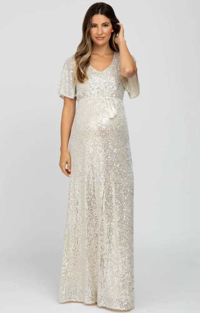 Cream Sequin Short Sleeve Maternity Maxi Dress