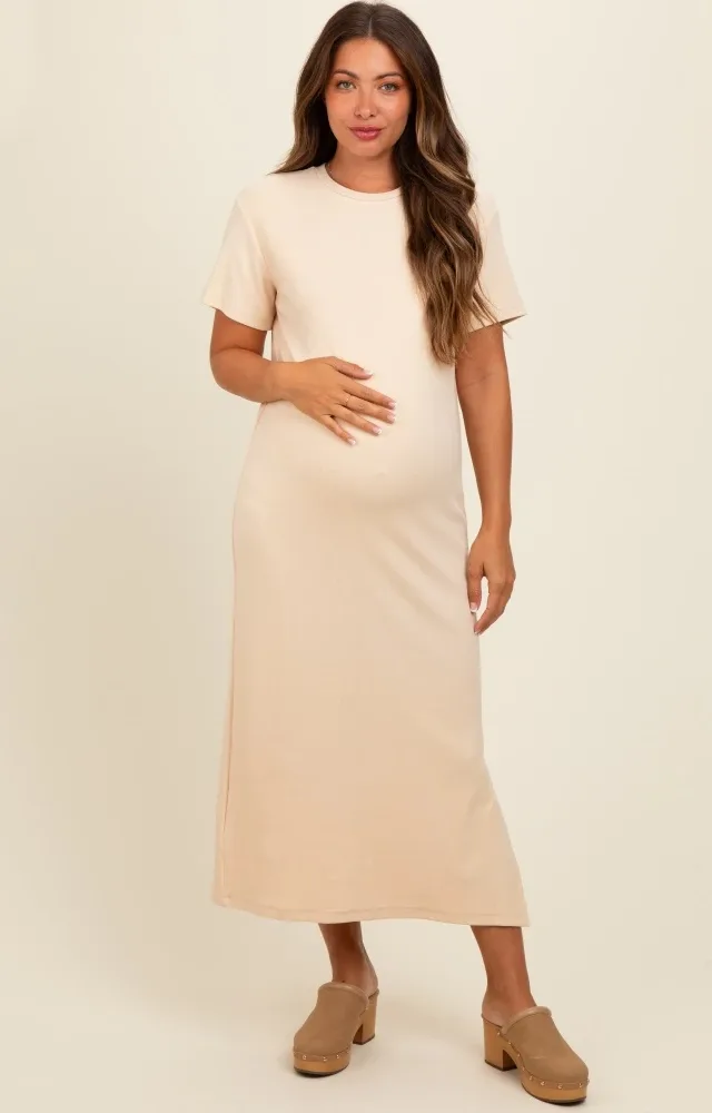 Cream Short Sleeve Side Slit Maternity T-Shirt Midi Dress