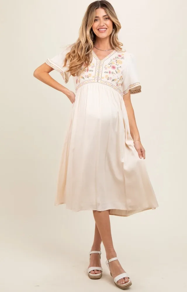 Cream Short Sleeve V-Neck Maternity Midi Dress