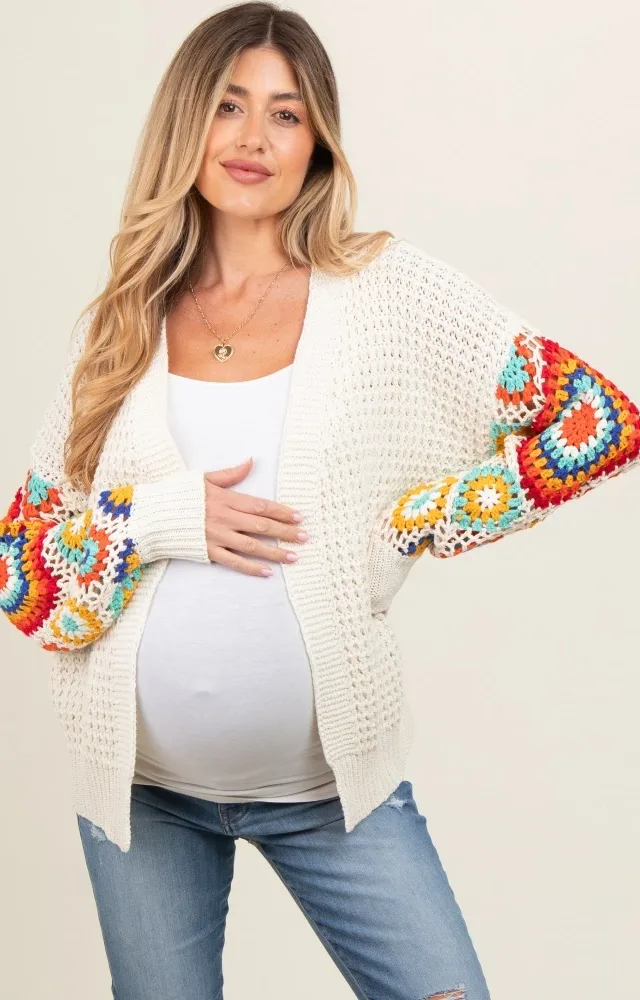 Cream Sleeve Crochet Maternity Cardigan