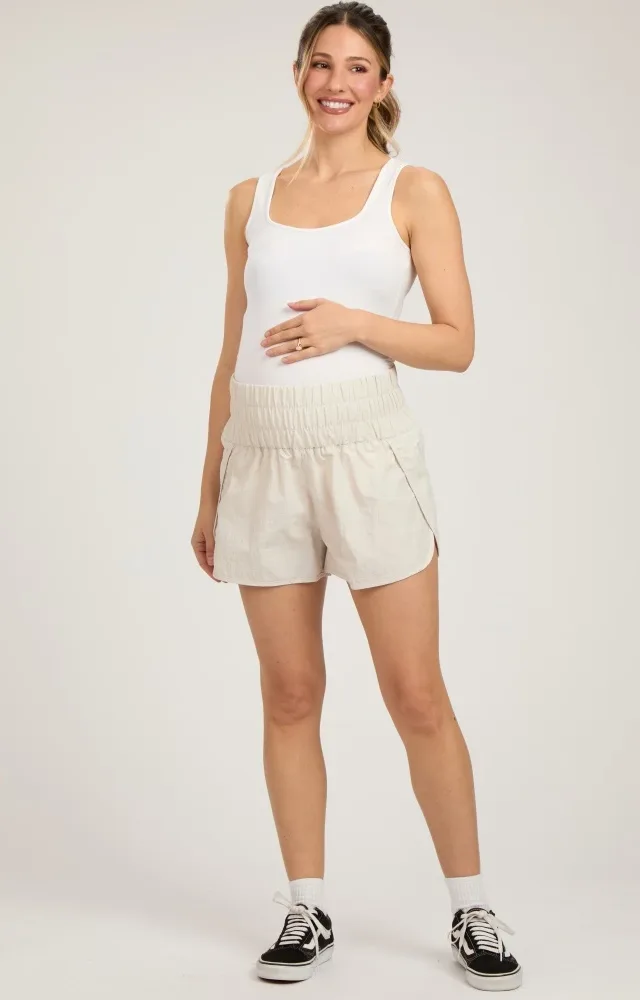 Cream Smocked Active Running Maternity Shorts