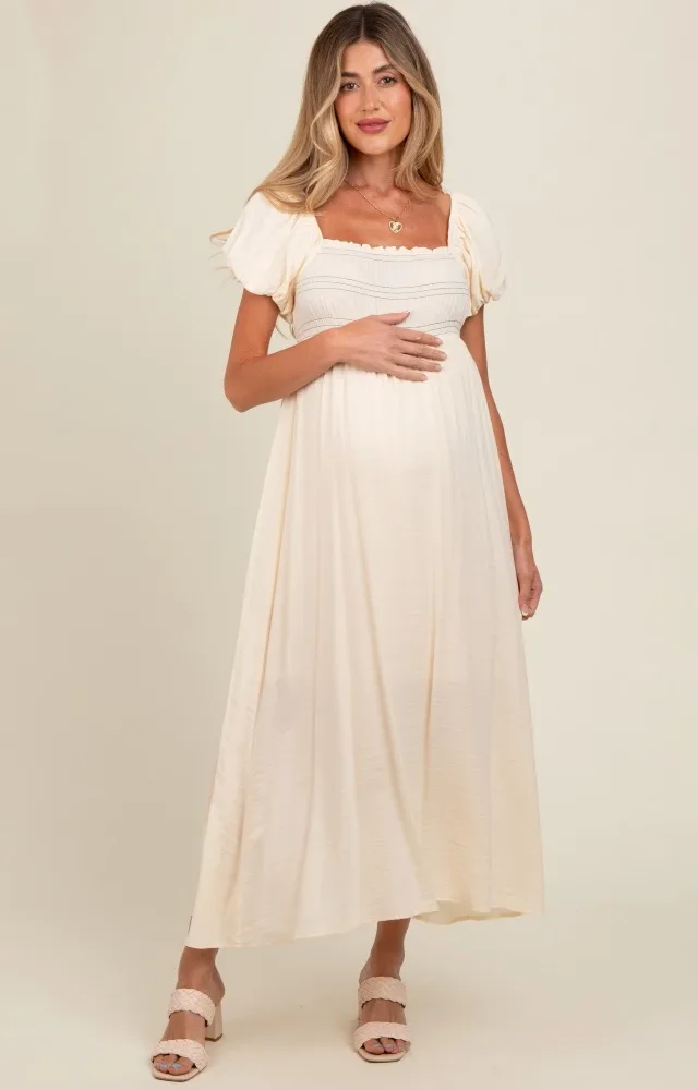 Cream Smocked Puff Sleeve Maternity Maxi Dress