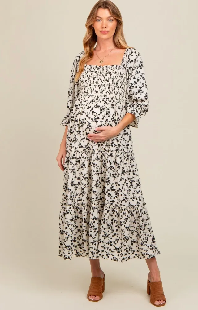 Cream Smocked Tiered Pocketed Maternity Midi Dress