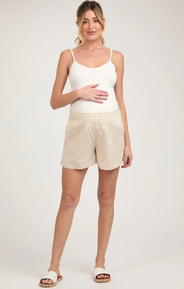 Cream Smocked Waist Maternity Shorts