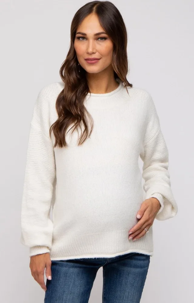 Cream Soft Knit Rolled Hem Maternity Sweater