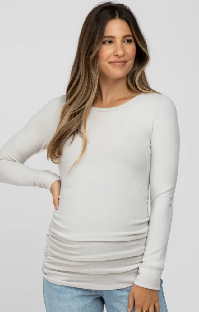 Cream Soft Knit Ruched Maternity Top