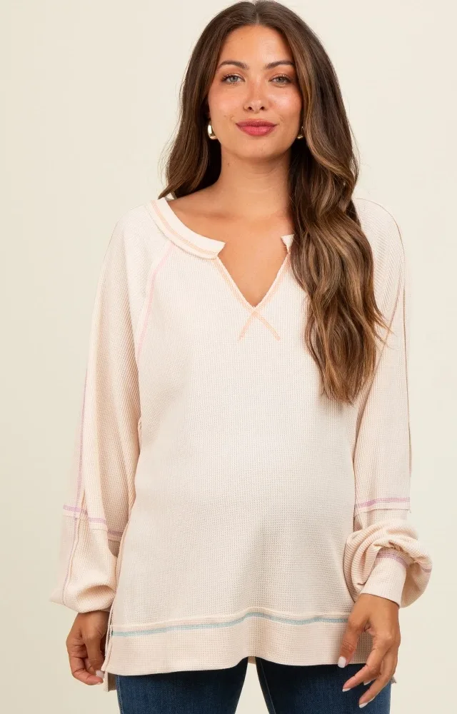 Cream Split Neck Oversized Maternity Long Sleeve Top