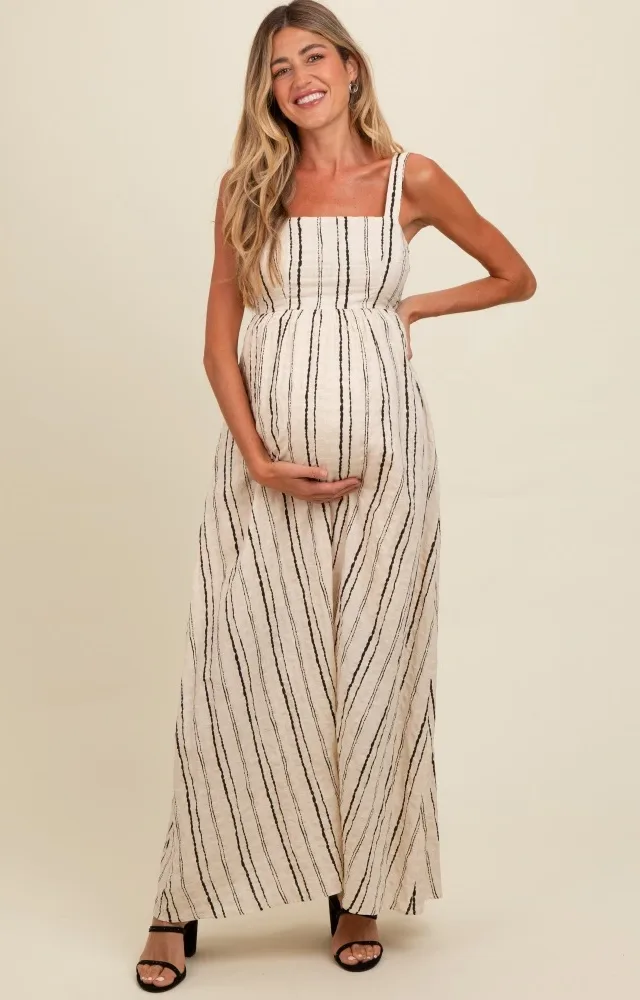 Cream Striped Back Cut Out Maternity Maxi Dress