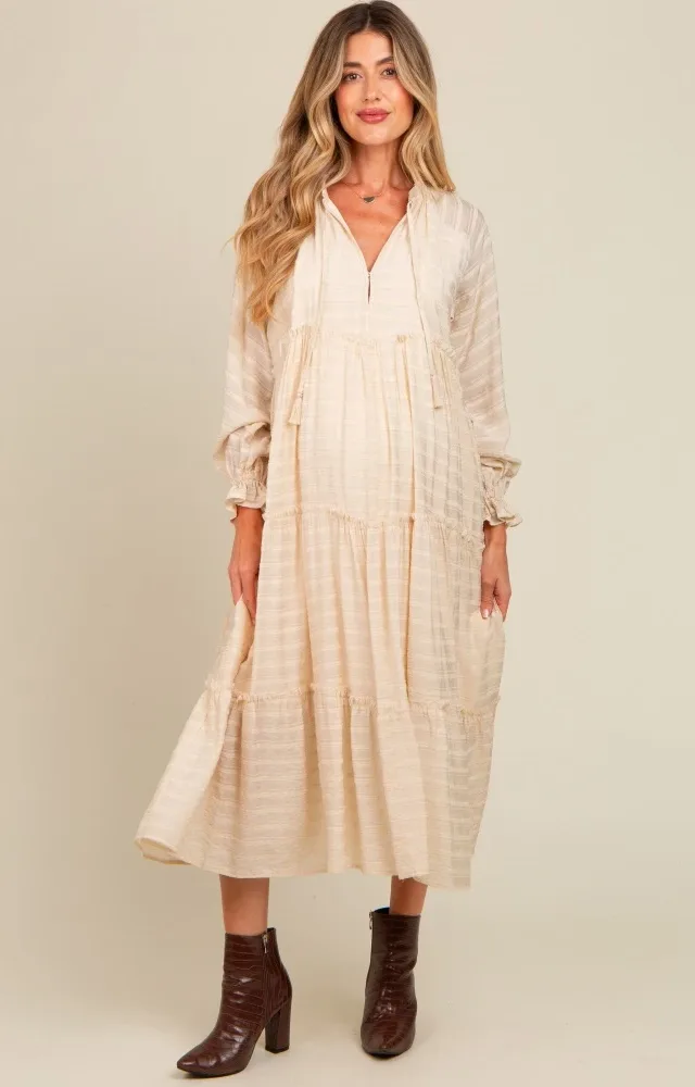 Cream Striped Front Tassel Tie Tiered Maternity Midi Dress