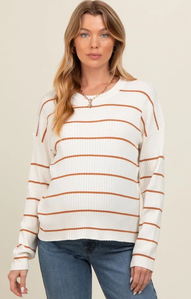 Cream Striped Ribbed Knit Long Sleeve Maternity Top