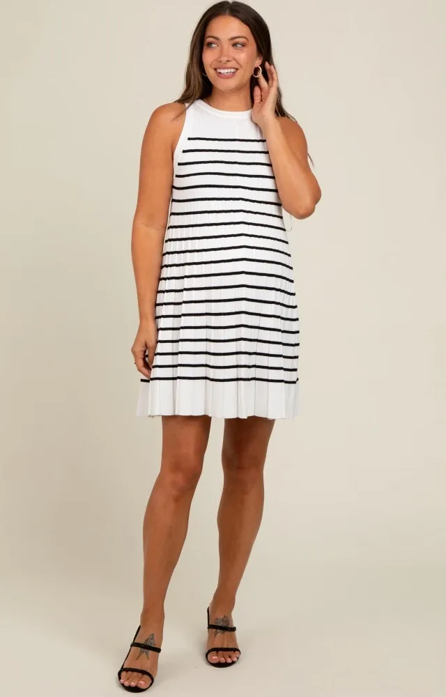 Cream Striped Sleeveless Pleated Maternity Mini Dress