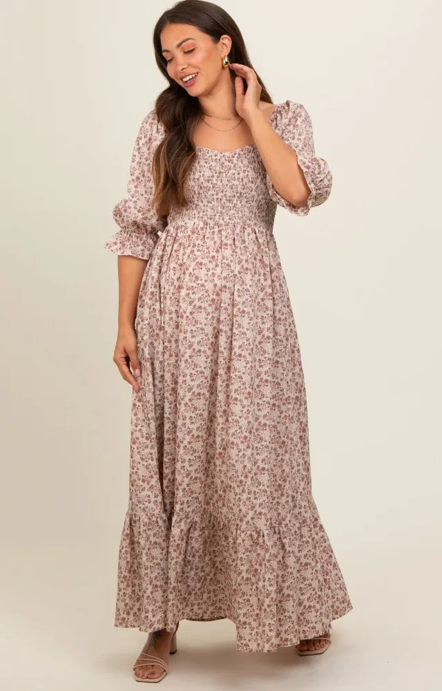 Cream Sweetheart Neck Smocked Ruffle Hem Maternity Maxi Dress