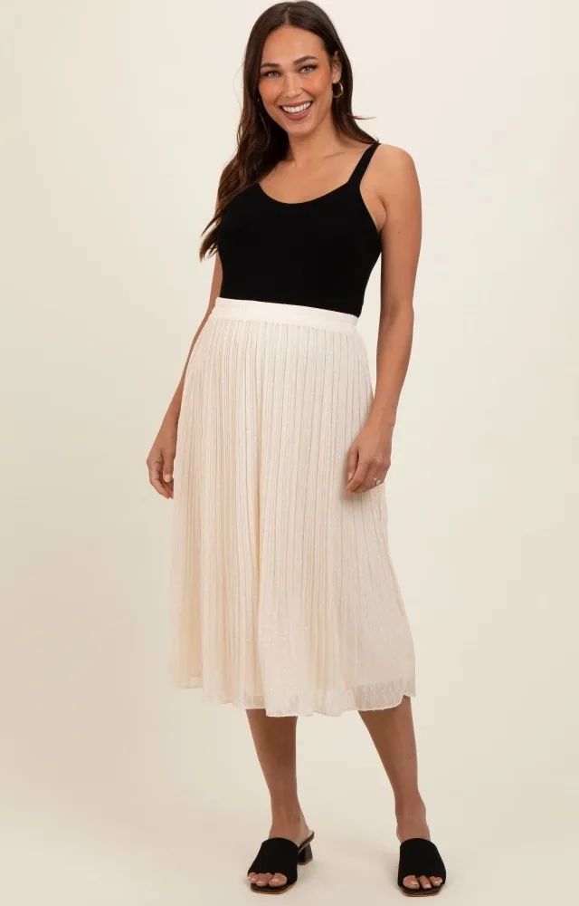 Cream Swiss Dot Pleated Maternity Midi Skirt