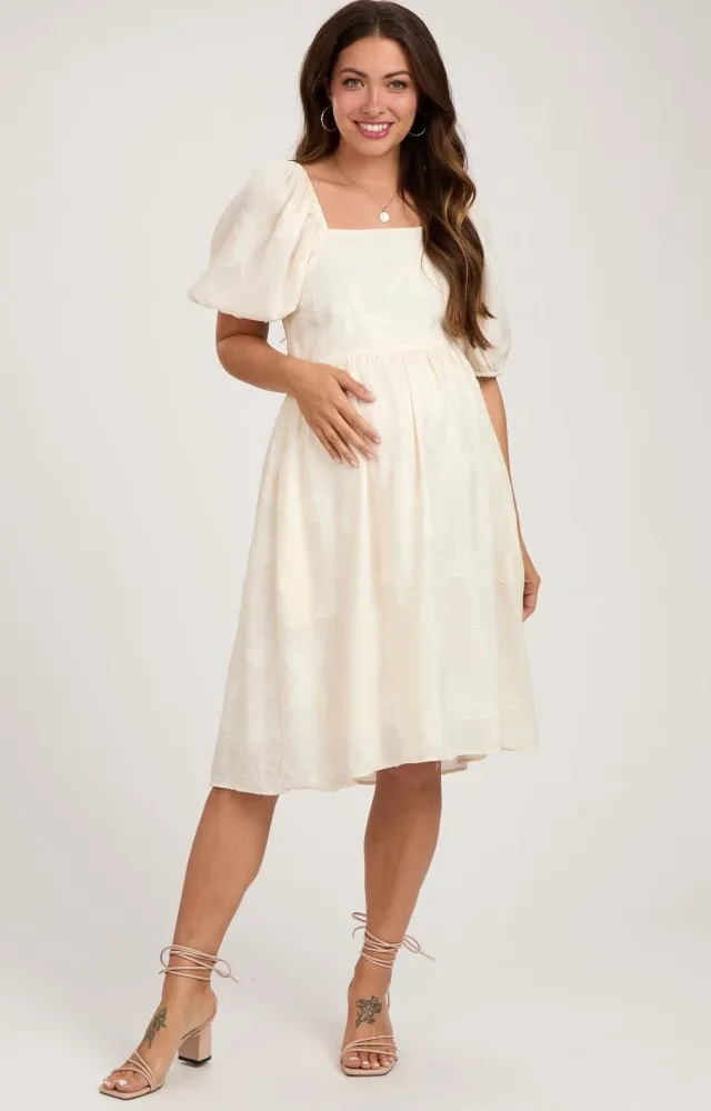 Cream Textured Floral Square Neck Puff Sleeve Maternity Dress