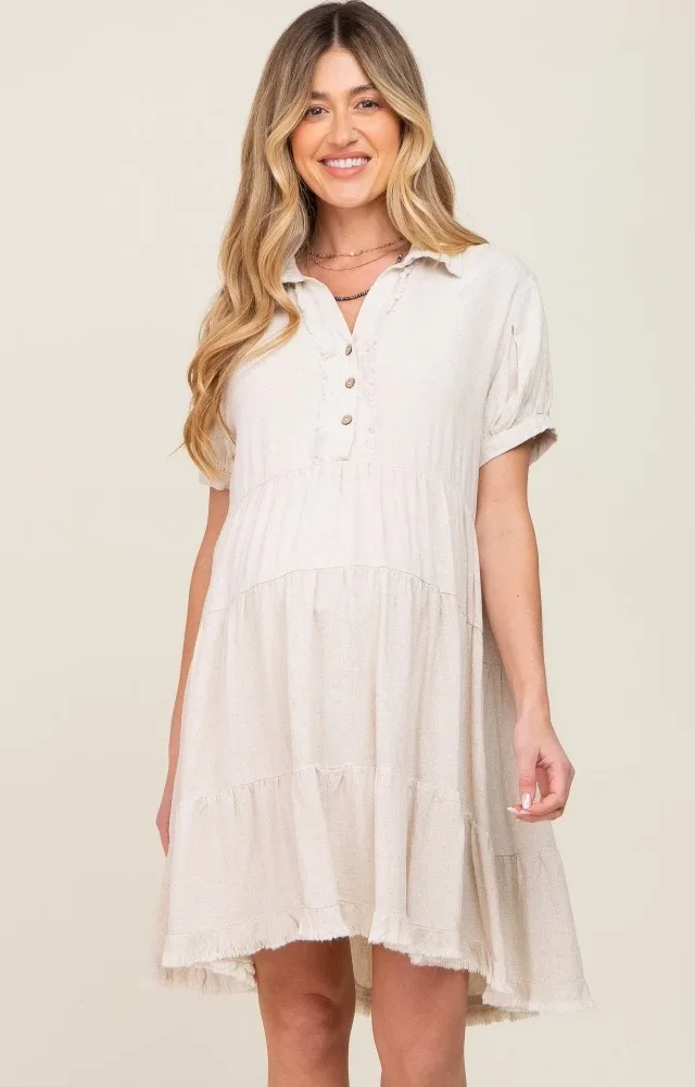 Cream Tiered Collared Linen Maternity Dress