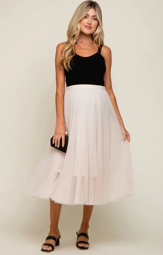 Cream Tulle Maternity Midi Skirt