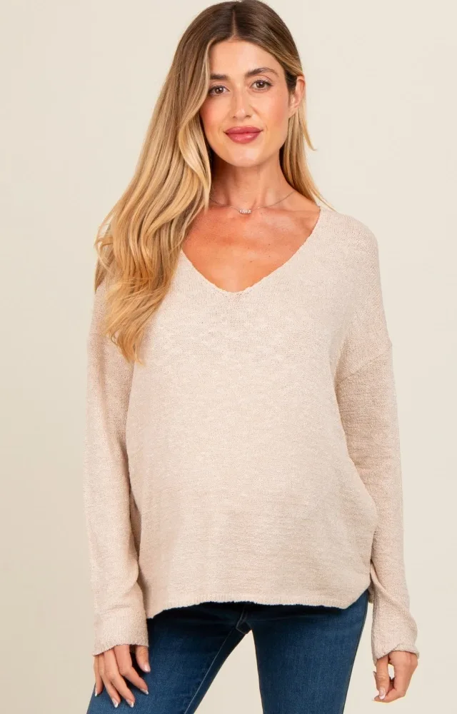 Cream V-Neck Basic Maternity Sweater