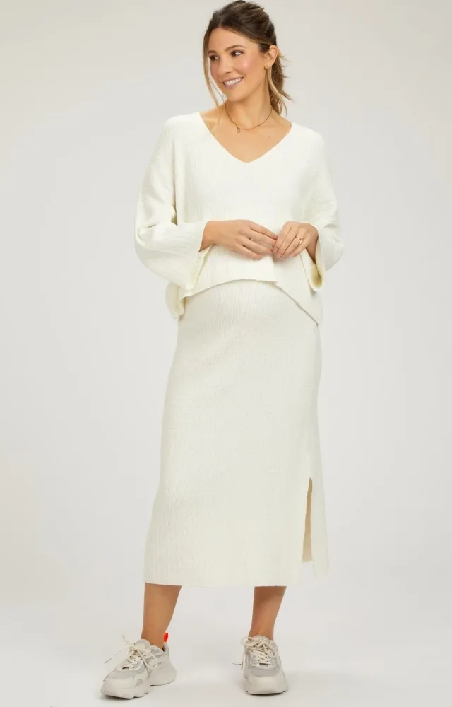 Cream V-Neck Knit Maternity Skirt Set