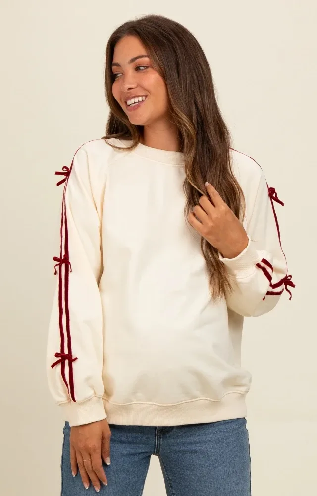 Cream Velvet Bow Accent Maternity Sweatshirt