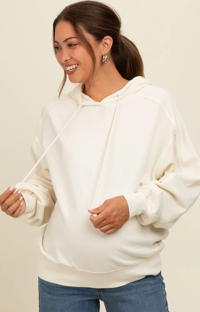 Cream Vintage Wash Oversized Maternity Drawstring Hoodie