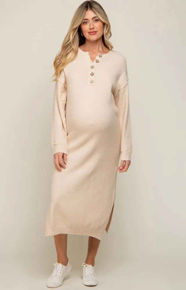 Cream Waffle Knit Button Long Sleeve Maternity Midi Dress