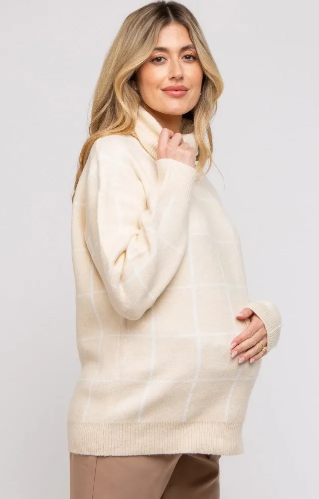 Cream Windowpane Ultra Soft Knit Turtleneck Maternity Sweater