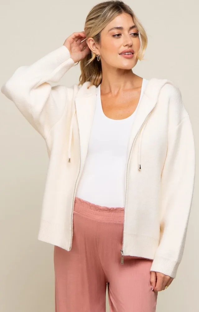 Cream Zip Up Hooded Maternity Cardigan