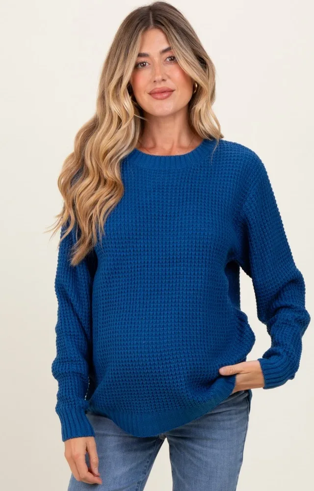 Dark Blue Waffle Knit Rounded Hem Maternity Sweater