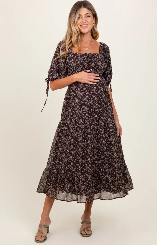 Dark Brown Floral Smocked Sleeve Tie Maternity Midi Dress