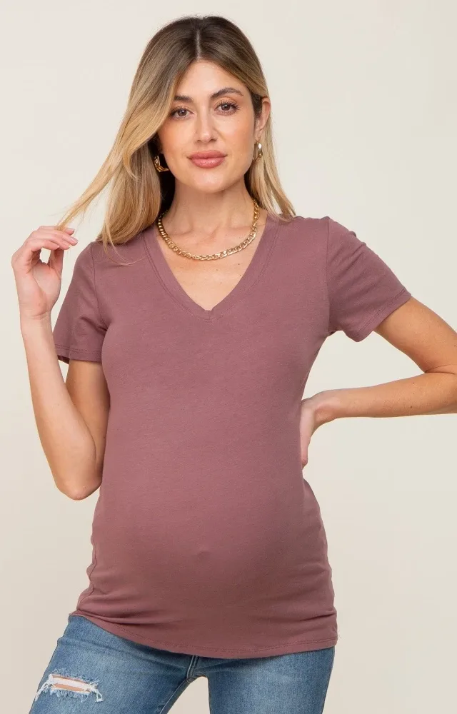 Dark Burgundy Basic V-Neck Maternity Tee