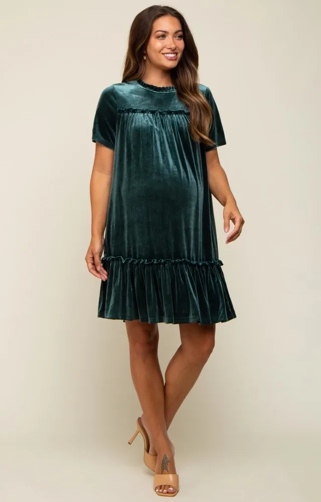 Dark Jade Ruffle Accent Velvet Maternity Dress