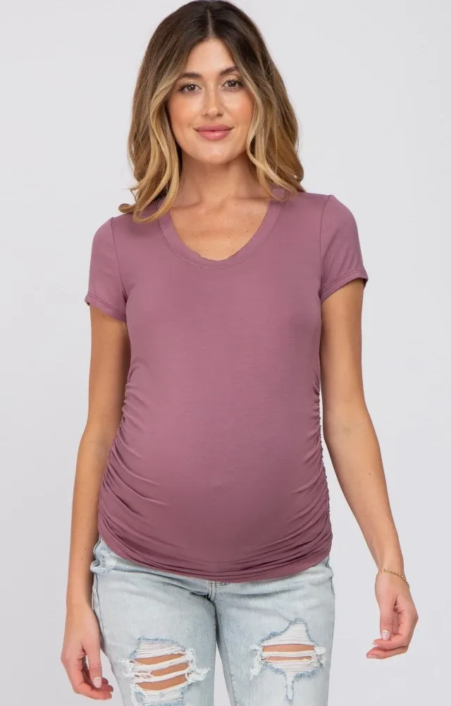 Dark Mauve Basic Short Sleeve Maternity Fitted Top