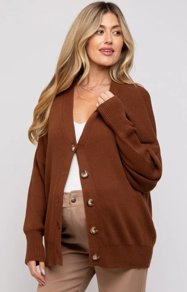 Dark Rust Basic Ribbed Maternity Cardigan Sweater