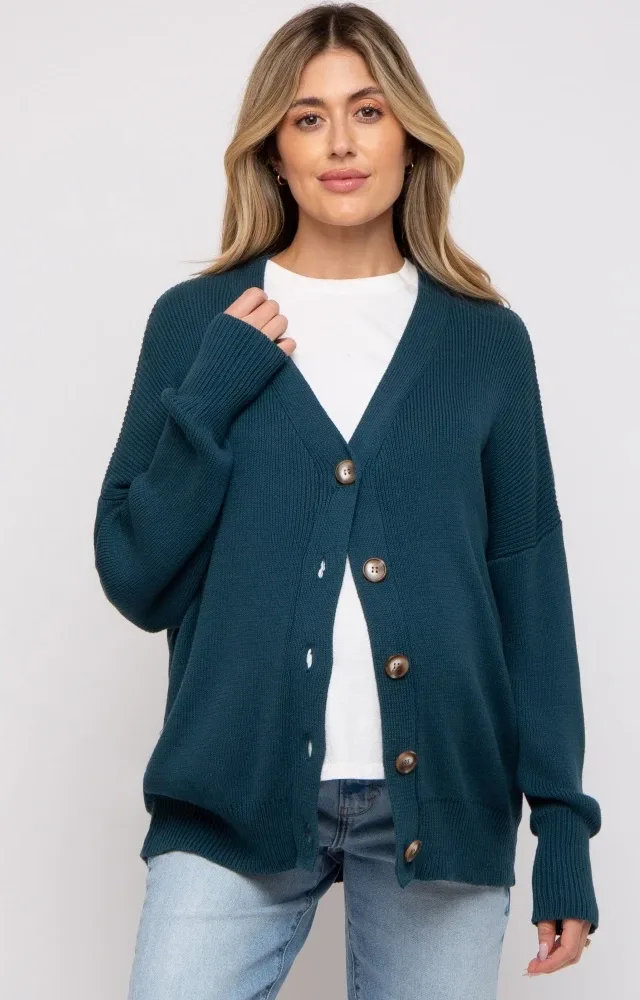 Dark Teal Basic Ribbed Maternity Cardigan Sweater