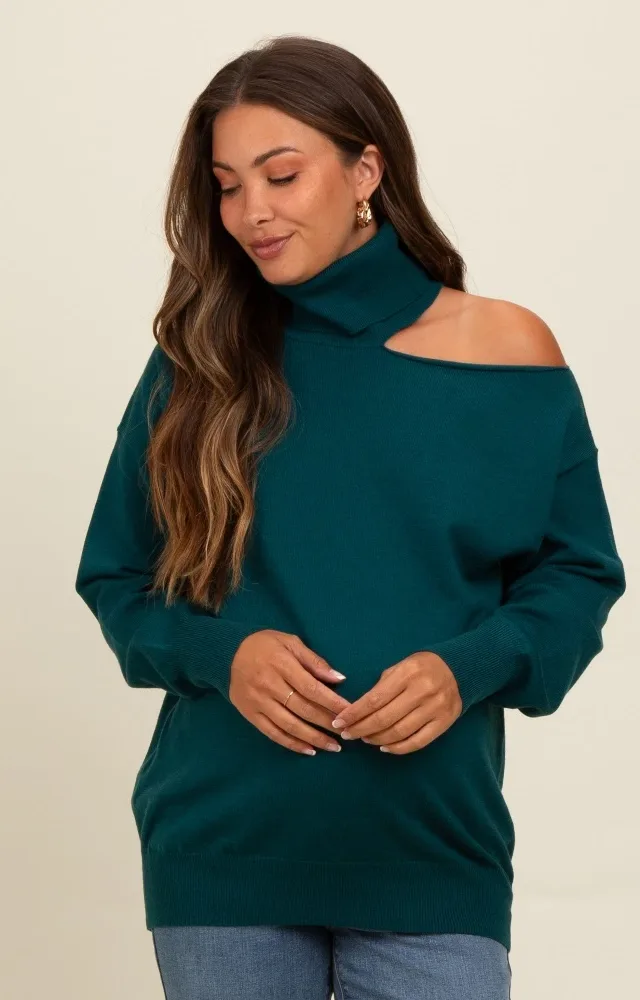 Dark Teal Cold Shoulder Turtle Neck Maternity Sweater