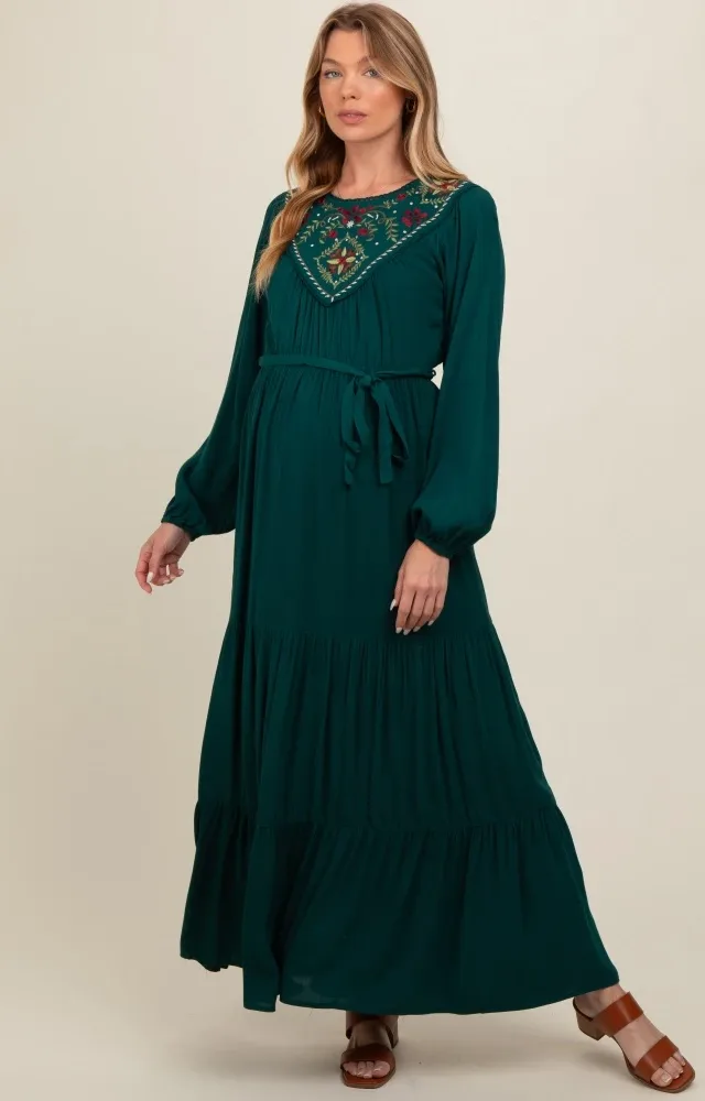 Dark Teal Embroidered Maternity Tiered Maxi Dress