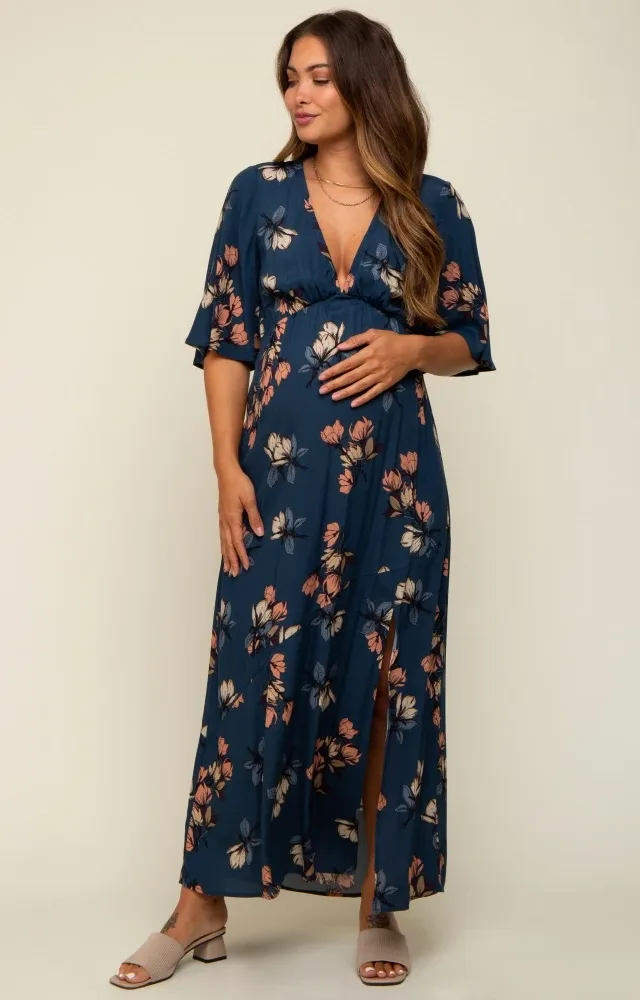 Dark Teal Floral Deep V-Neck Short Sleeve Front Slit Maternity Maxi Dress