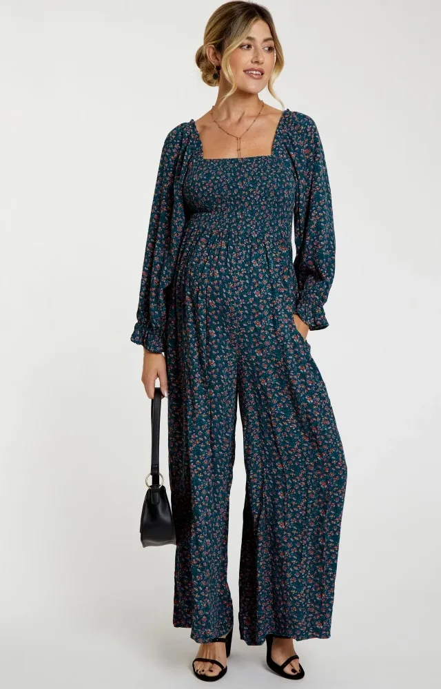 Dark Teal Floral Smocked Wide Leg Maternity Jumpsuit