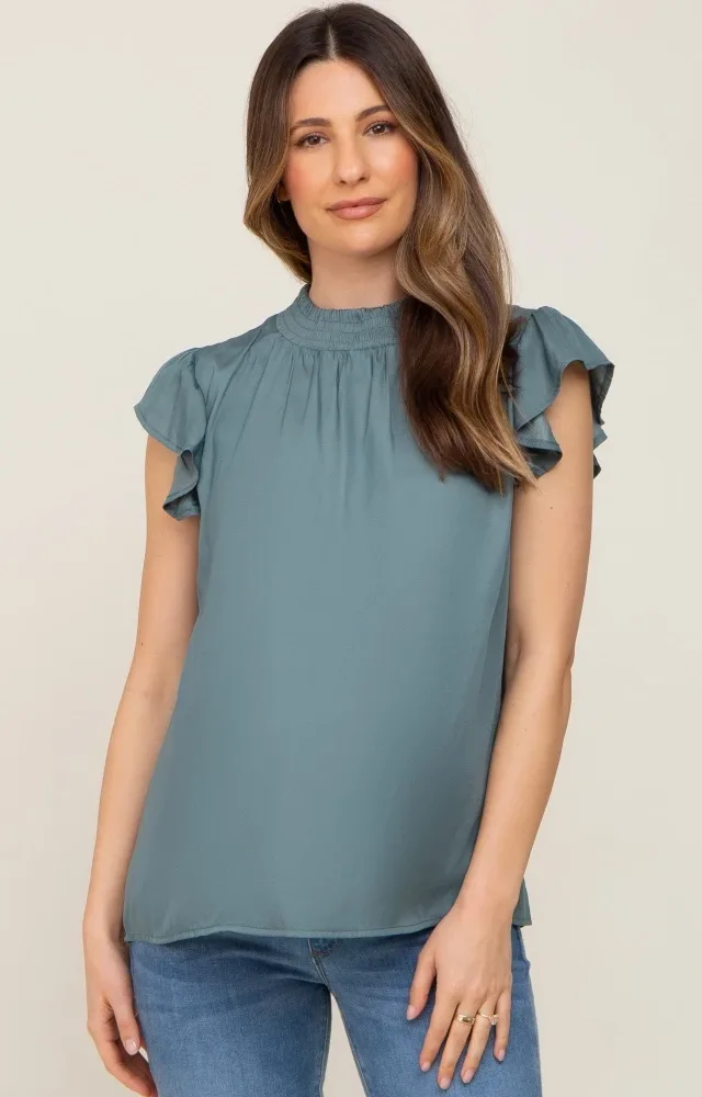 Dark Teal Mock Neck Flutter Maternity Blouse