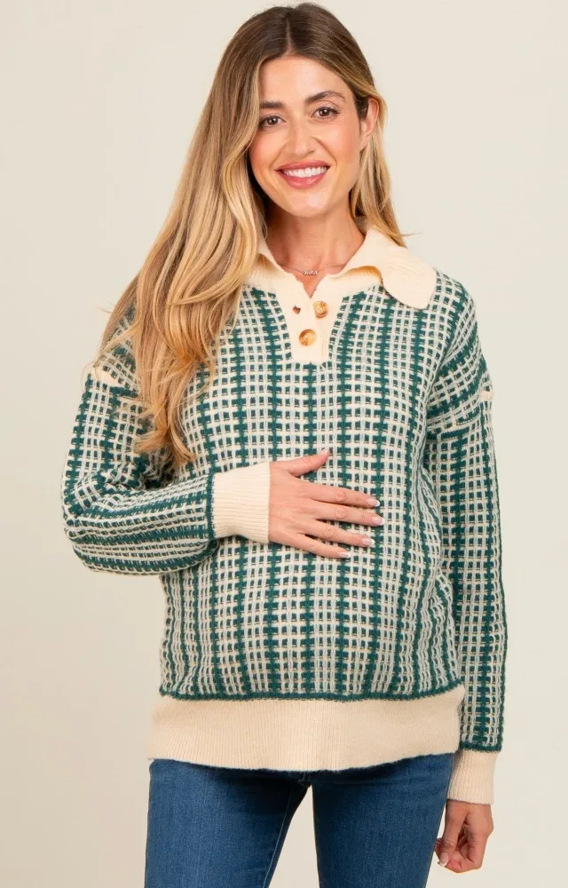 Dark Teal Ruffle Collar Button Up Waffle Knit Maternity Sweater