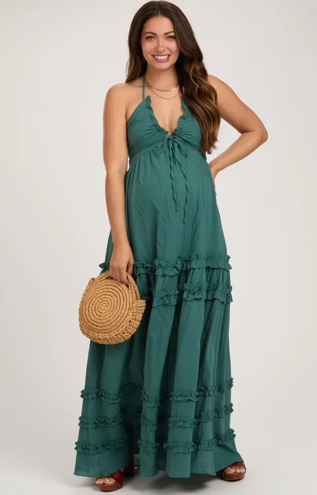 Dark Teal Ruffle Ruched Deep V-Neck Maternity Maxi Dress