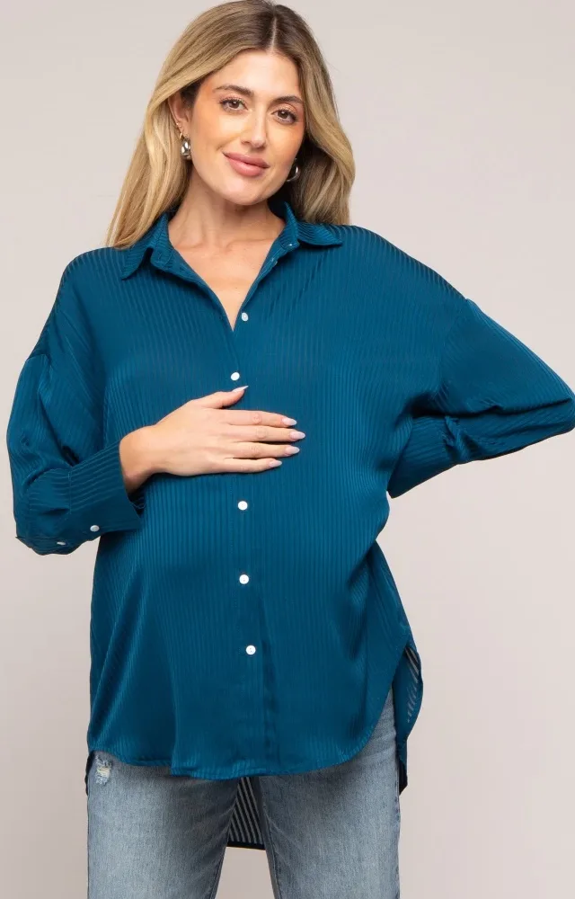 Dark Teal Striped Button Up Maternity Top