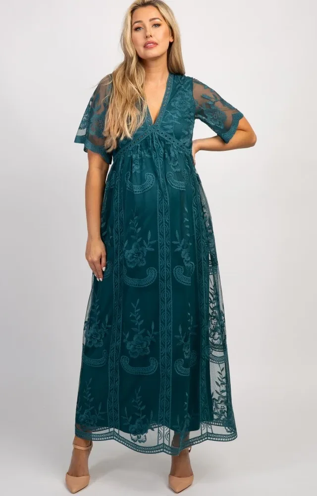 Dark Turquoise Lace Overlay Maternity Maxi Dress