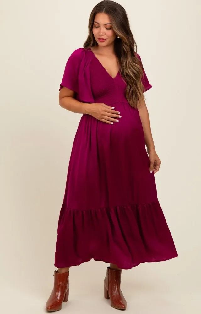 Deep Red Satin Smocked Maternity Midi Dress